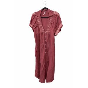 Free People Samantha Shirtdress Large Double Dare Boho Embroidered Maxi Cotton